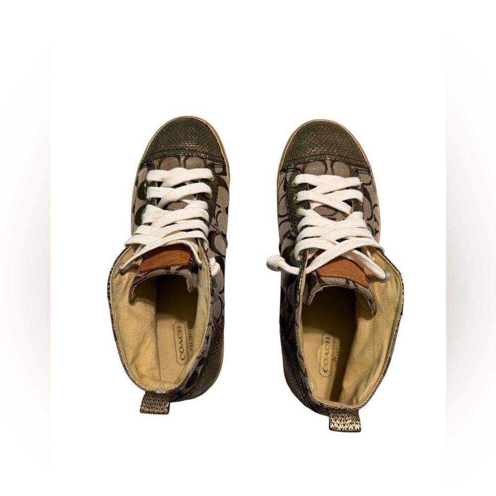 COACH Brown and Gold Indiana Hightop Sneakers Size 8.5 B - Picture 3 of 10